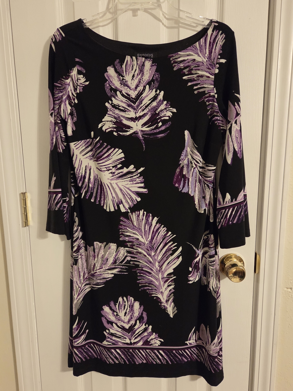 Enfocus Studio Black Dress with Purple & White Feather Motif